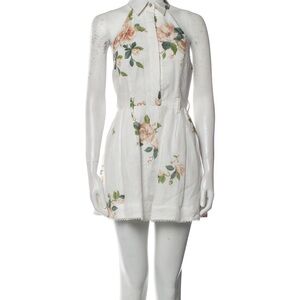 Zimmermann White Linen Halter Romper with Pink Floral & Green Leaves